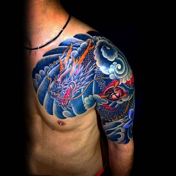 blue-clouds-with-japanese-dragon-mens-half-sleeve-and-chest-tattoos