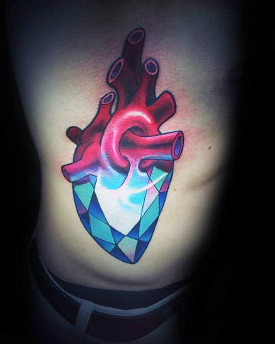 Blue Crystal With Red Heart Mens Rib Cage Side Tattoo Designs