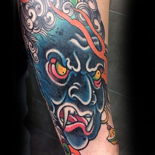 Blue Demon Mask Colorful Mens Inner Forearm Tattoos