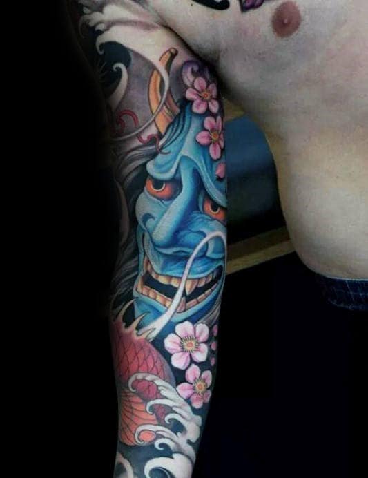 Blue Demon Mask With Cherry Blossom Flowers Male Sleeve Tattoos
