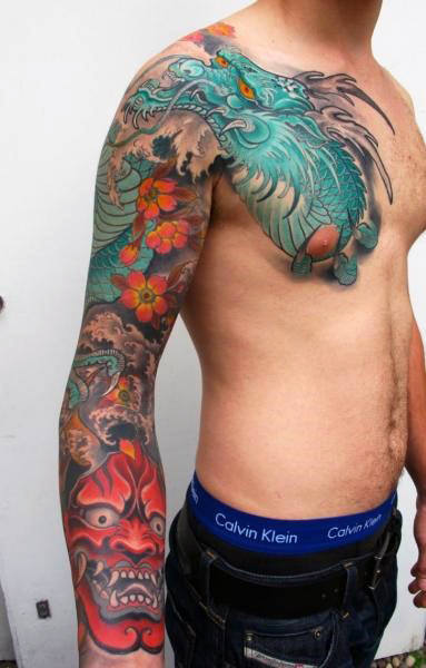 Blue Dragon With Red Oni Mask Guys Japanese Full Arm And Upper Chest Tattoos