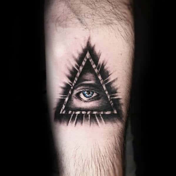Blue Eye Of Providence Guys Inner Forearm Tattoo
