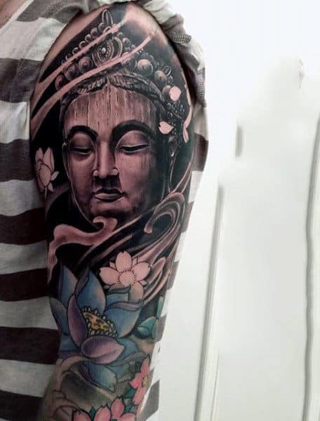 Blue Floral Buddha Tattoo On Arms For Guys