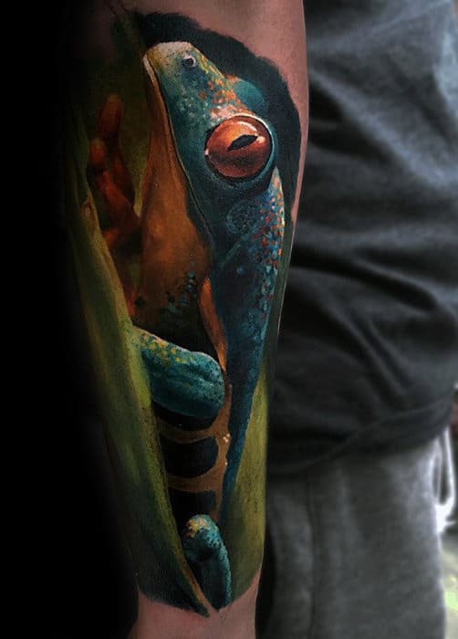 Blue Frog Mens Hyper Realistic Forearm Sleeve Tattoo With 3d Design