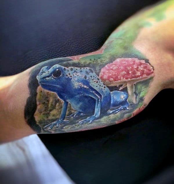 Blue Frog With Red Mushroom Mens Realistic 3d Bicep Inner Arm Tattoos