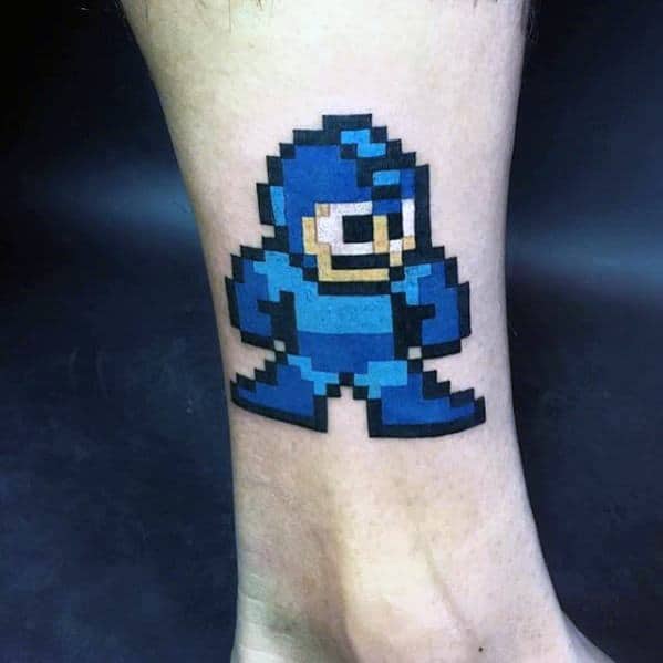 Blue Ink 8 Bit Video Game Character Mens Lower Leg Tattoo