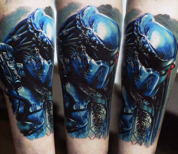 Blue Ink Alien Vs Predator Mens Forearm Tattoo