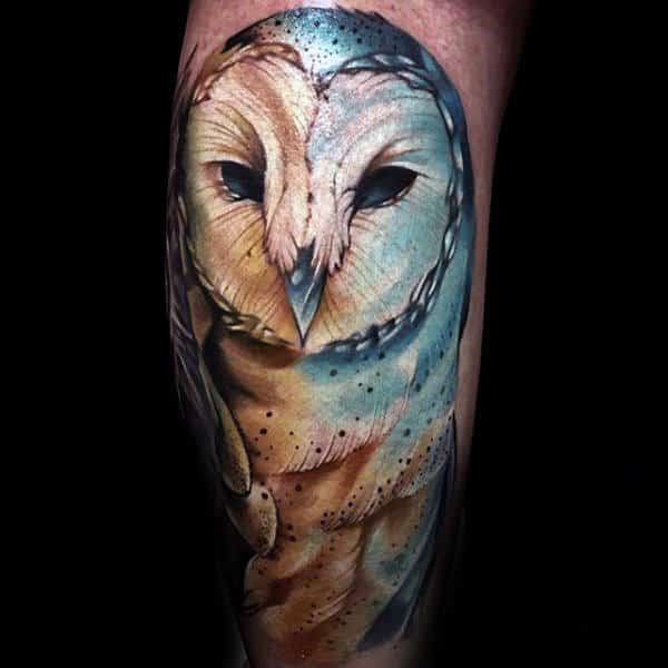 Blue Ink Barn Owl Shaded Mens Watercolor Arm Tattoo