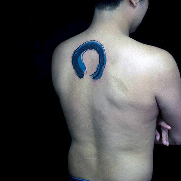 Blue Ink Circle Brush Stroke Guys Back Tattoos