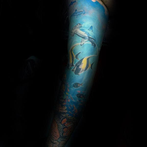 Blue Ink Coral Reef Mens Full Sleeve Tattoo Design Ideas