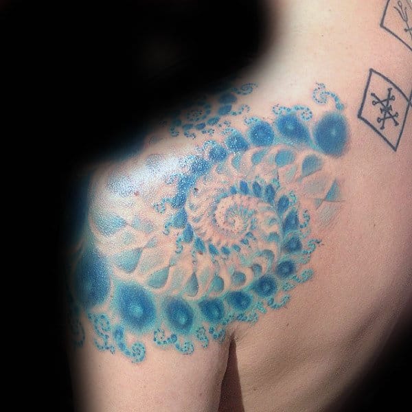 Blue Ink Factal Spiral Mens Shoulder Tattoos