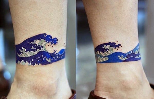 Blue Ink Great Wave Guys Simple Lower Legband Tattoos