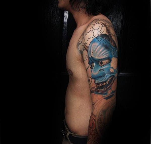 Blue Ink Hannya Mask Male Sleeve Tattoo Design Ideas