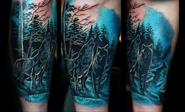 Blue Ink Masculine Guys Forest Arm Tattoos
