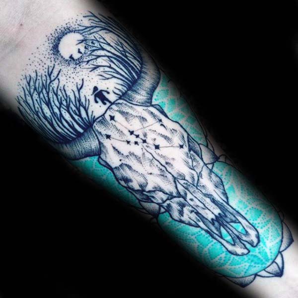 blue-ink-mens-child-running-through-forest-bull-skull-forearm-sleeve-tattoo
