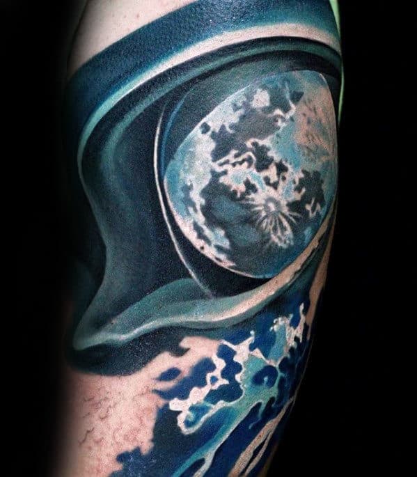 Blue Ink Mens Realistic Moon Arm Tattoo Designs