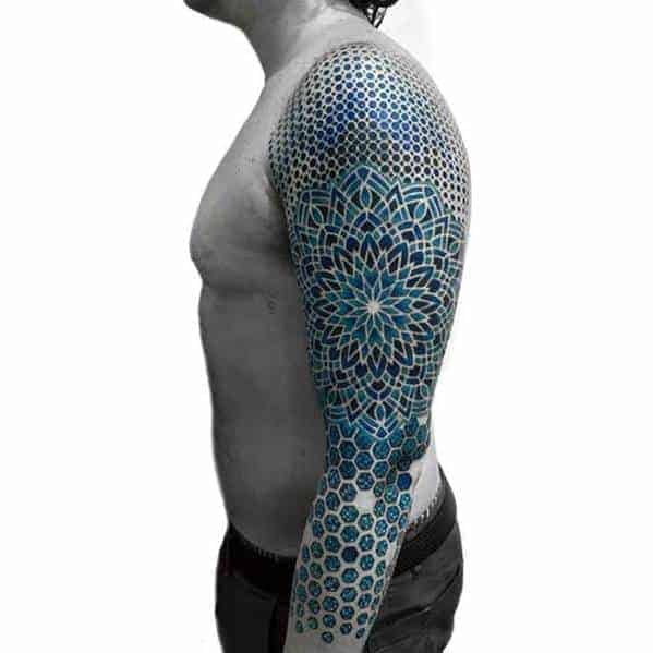 blue-ink-mens-tattoo-ideas-with-geometric-sleeve-design