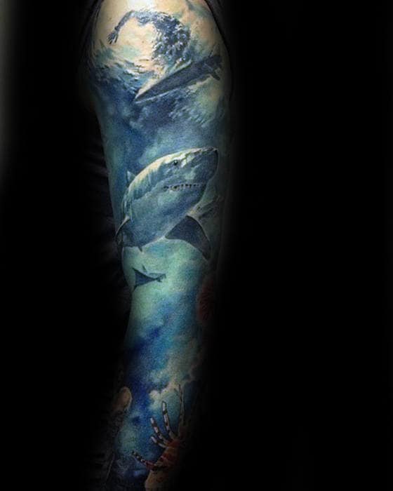 Blue Ink Mens Water Shark Sleeve Tattoo