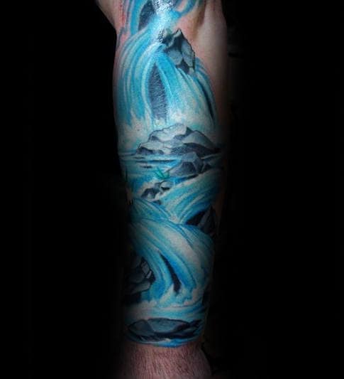 Blue Ink Rushing Waterfall Mens Forearm Tattoos