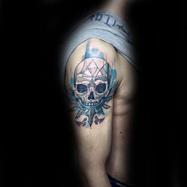 Blue Ink Skull With Triforce Symbol Male Upper Arm Tattoos