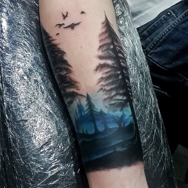 Blue Ink Sky Watercolor Mens Forearm Tree Tattoos