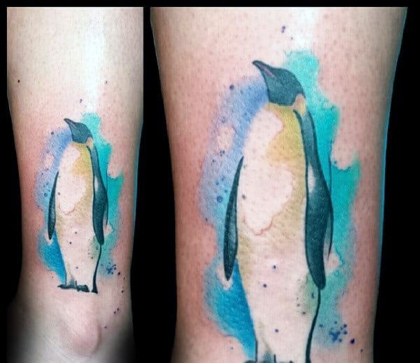 Blue Ink Watercolor Guys Penguin Leg Tattoo Designs