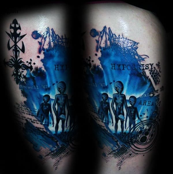 Blue Ink Watercolor Male Alien Thigh Tattoos