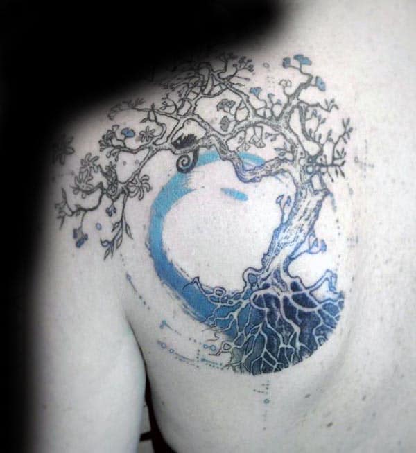 Blue Ink Wateroclor Tree Of Life Mens Upper Back Shoulder Tattoo