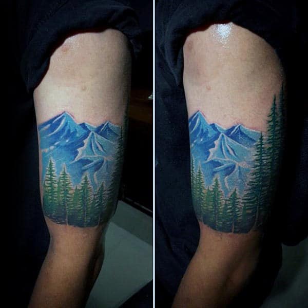 Blue Ink With Green Trees Mens Forest Quarter Sleeve Tattoos
