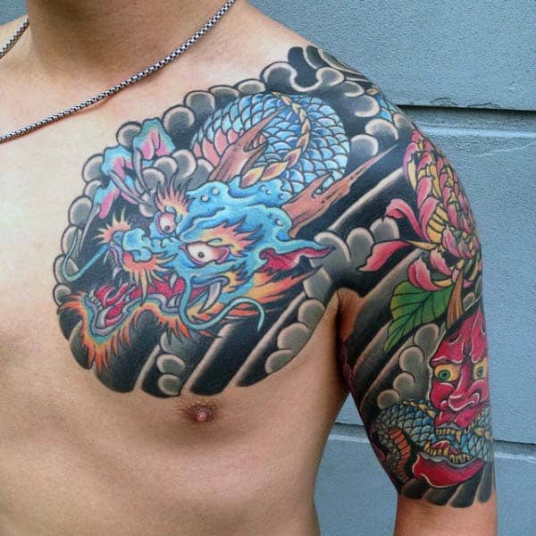 blue-japanese-dragon-mens-chest-and-half-sleeve-tattoo
