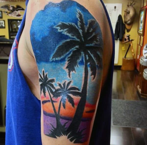 Blue Painting Of Palm Tree On Shoulder For Guys