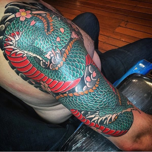 Blue Red Shaded Dragon Tattoo Male Sleeves