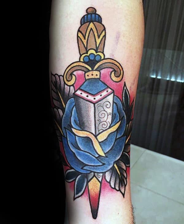 Blue Rose Flower With Dagger Guys Traditional Inner Forearm Tattoos