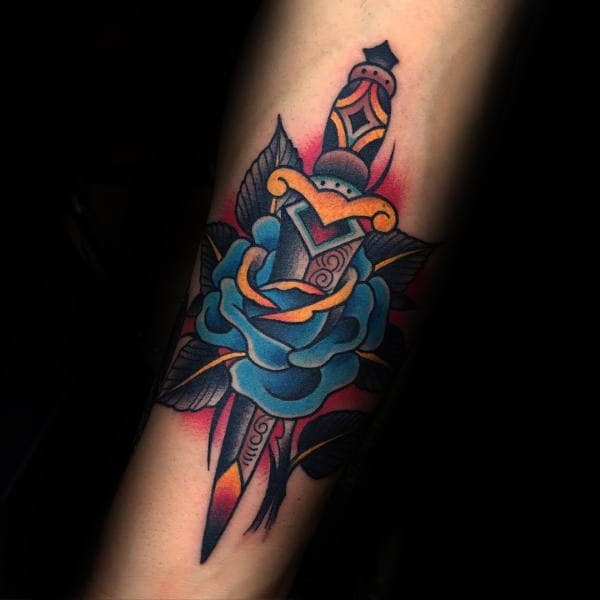 Blue Rose With Dagger Traditional Mens Inner Forearm Tattoo Ideas
