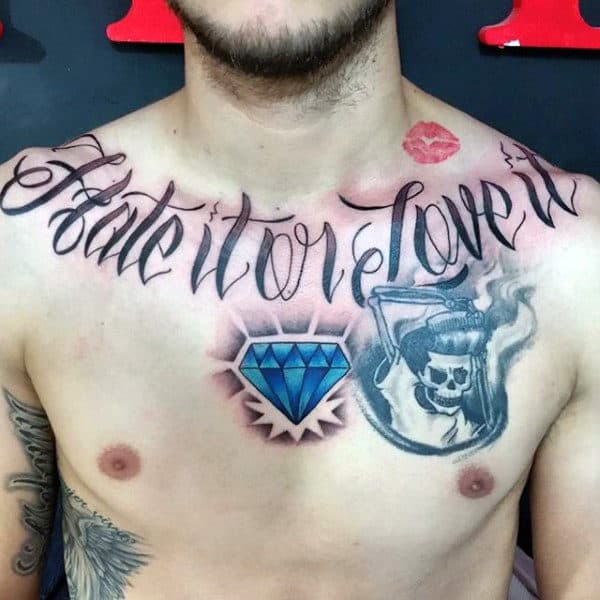 Blue Shining Mens Upper Chest Diamond Tattoo In The Middle