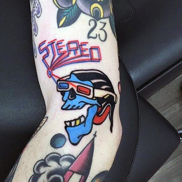 Blue Skull With 3d Glasses Small Colorful Guys Forearm Tattoo