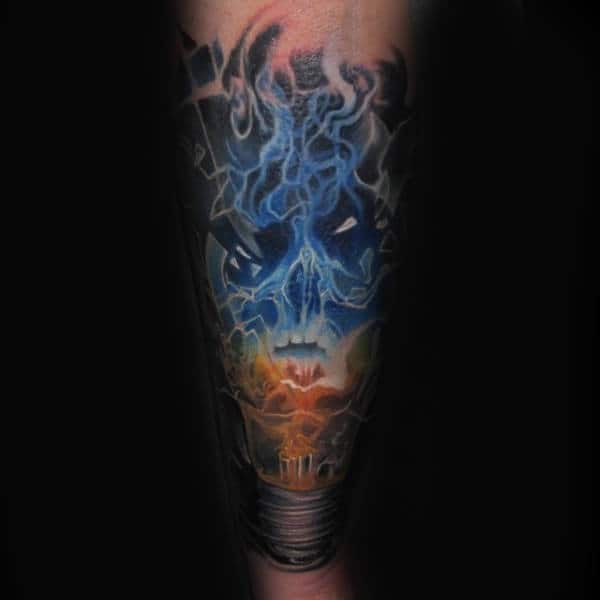 Blue Skull With Orange Light Bulb Male Tattoos