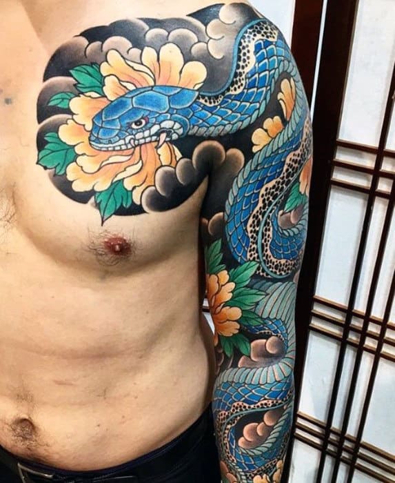 Blue Snake With Flowers Guys Japanese Chest And Sleeve Tattoos