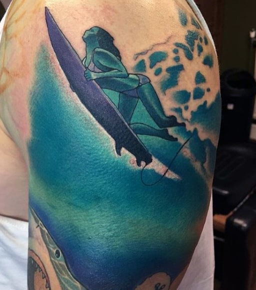 Blue Surfing Wave Tattoo For Men On Arm