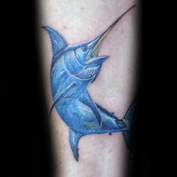Blue Swordfish Guys Inner Forearm Tattoo Designs
