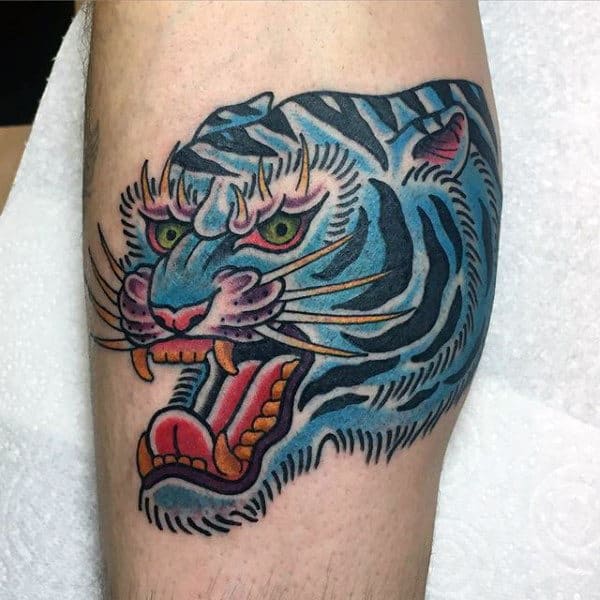 Blue Tiger Mens Traditional Arm Tattoos