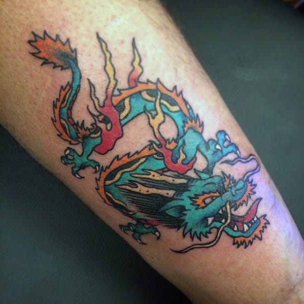 Blue Traditional Dragon Mens Leg Tattoo