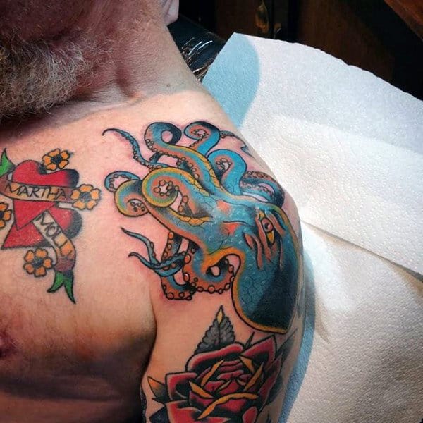 Blue Traditional Octopus Mens Shoulder Tattoos