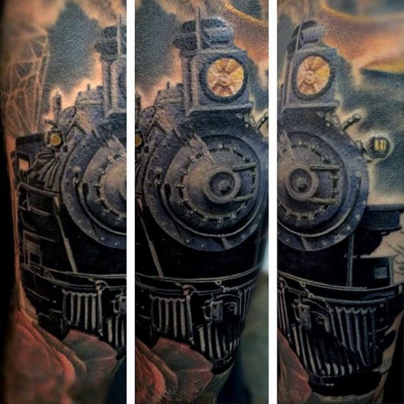 Blue Train Car Tattoo For Men Sleeve