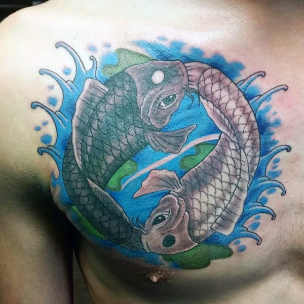 Blue Water Chest Yin Yang Koi Fish Tattoo For Men