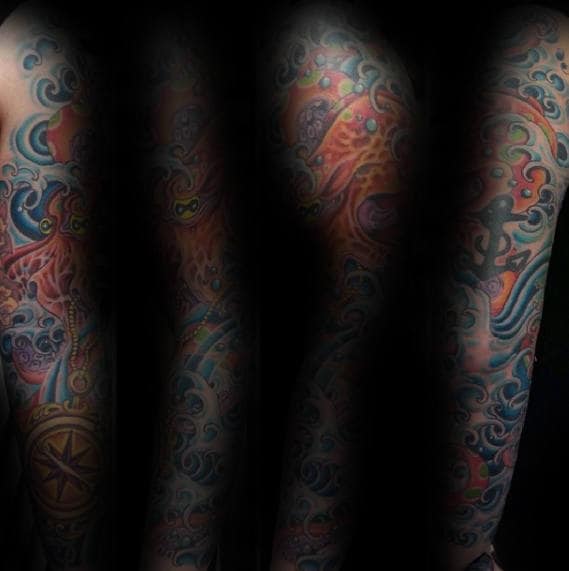 Blue Water Waves With Japanese Octopus Male Sleeve Tattoo