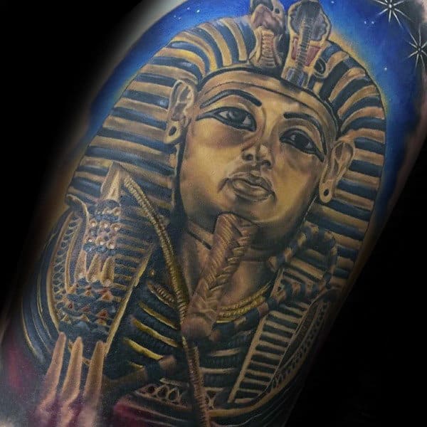 Blue Watercolor Background With Gold King Tut Mens Arm Tattoos