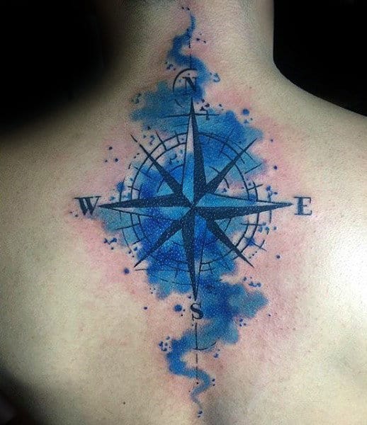 Blue Watercolor Mens Nautical Star Compass Back Tattoo