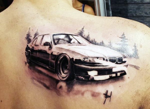 BMW Car Men's Tattoo On Back Of Shoulder