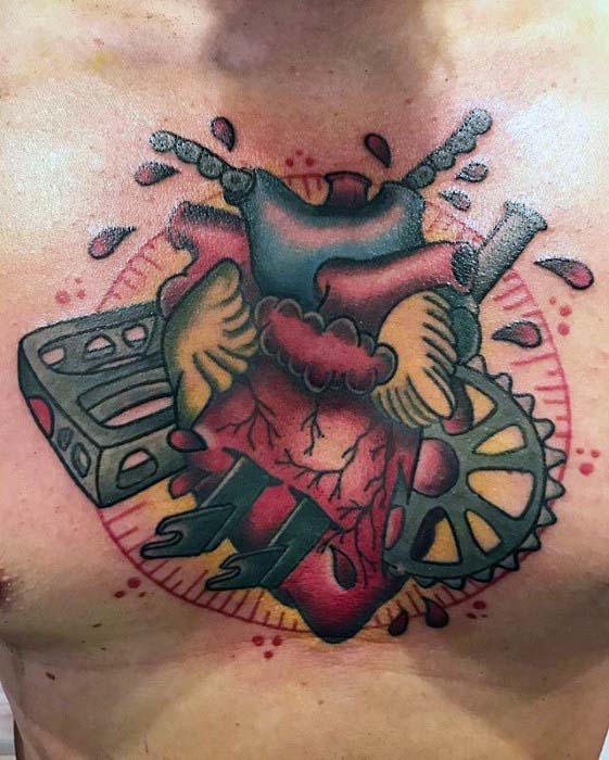 Bmx Heart With Gear And Pedal Traditional Mens Chest Tattoos